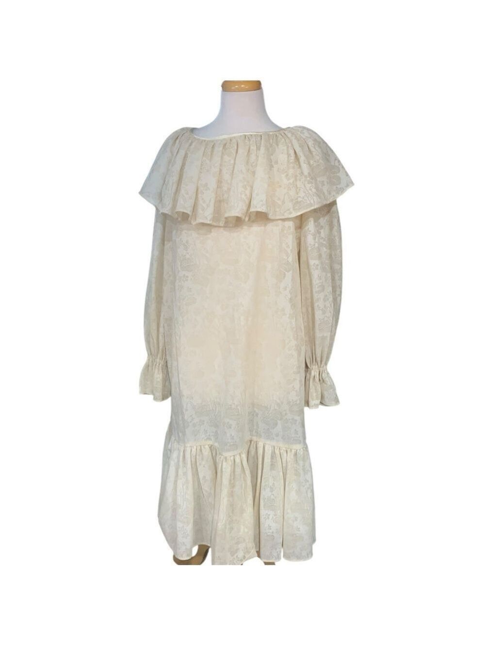 Vntg Volup cream sheer lily pad lace pattern ruffle dress size l/xl